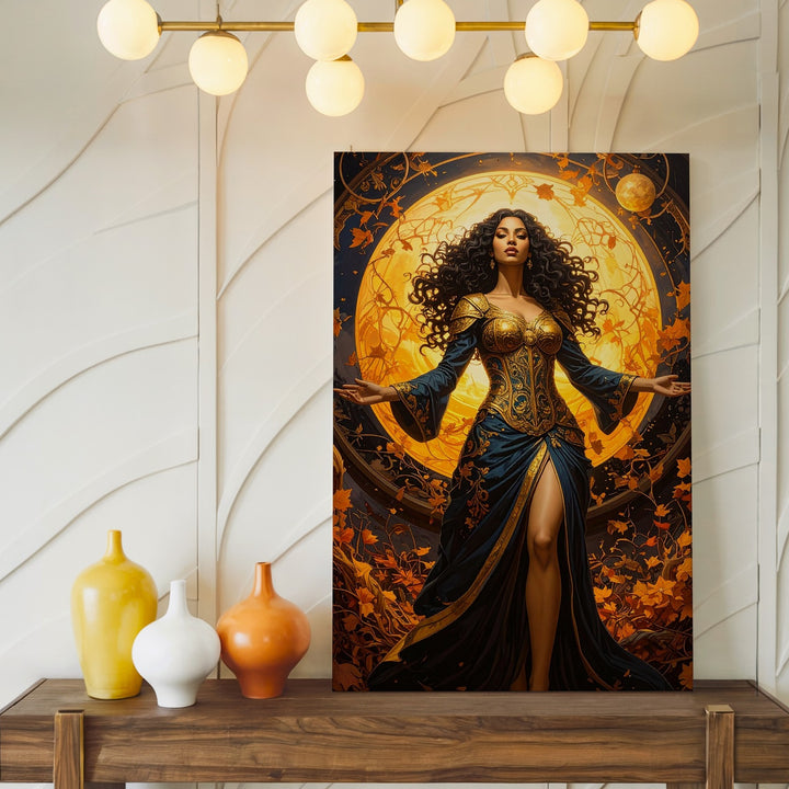 Autumn Sorceress Canvas – Fantasy Woman with Golden Orb and Swirling Leaves - Gifitto