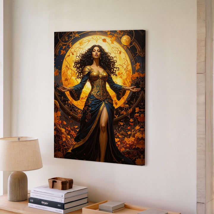 Autumn Sorceress Canvas – Fantasy Woman with Golden Orb and Swirling Leaves - Gifitto