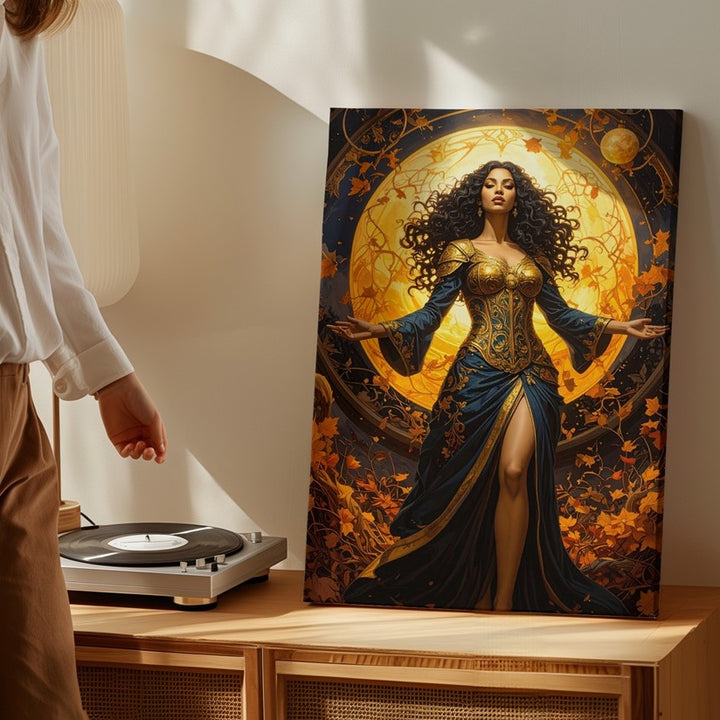Autumn Sorceress Canvas – Fantasy Woman with Golden Orb and Swirling Leaves - Gifitto