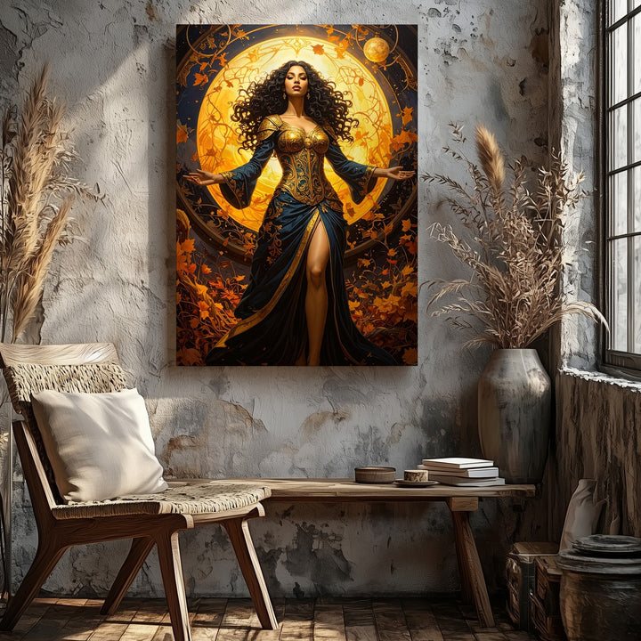 Autumn Sorceress Canvas – Fantasy Woman with Golden Orb and Swirling Leaves - Gifitto