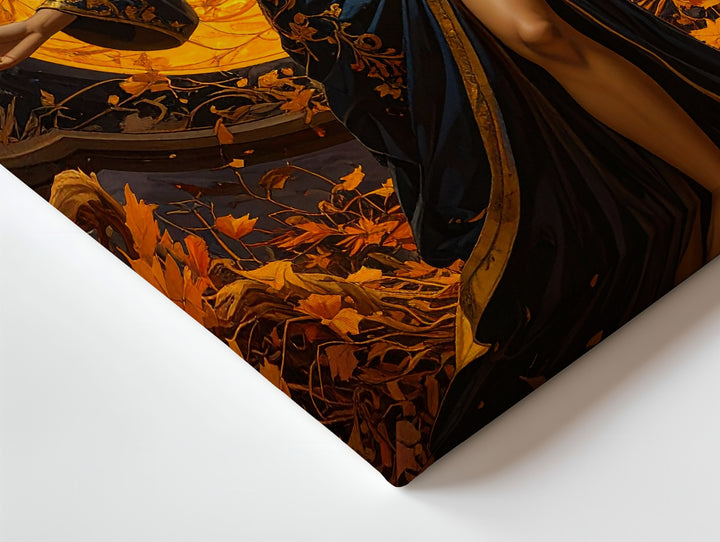 Autumn Sorceress Canvas – Fantasy Woman with Golden Orb and Swirling Leaves - Gifitto