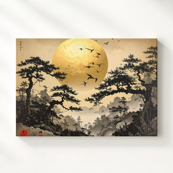 Golden Sun & Pines Canvas – Traditional East Asian Ink Landscape Art - Gifitto
