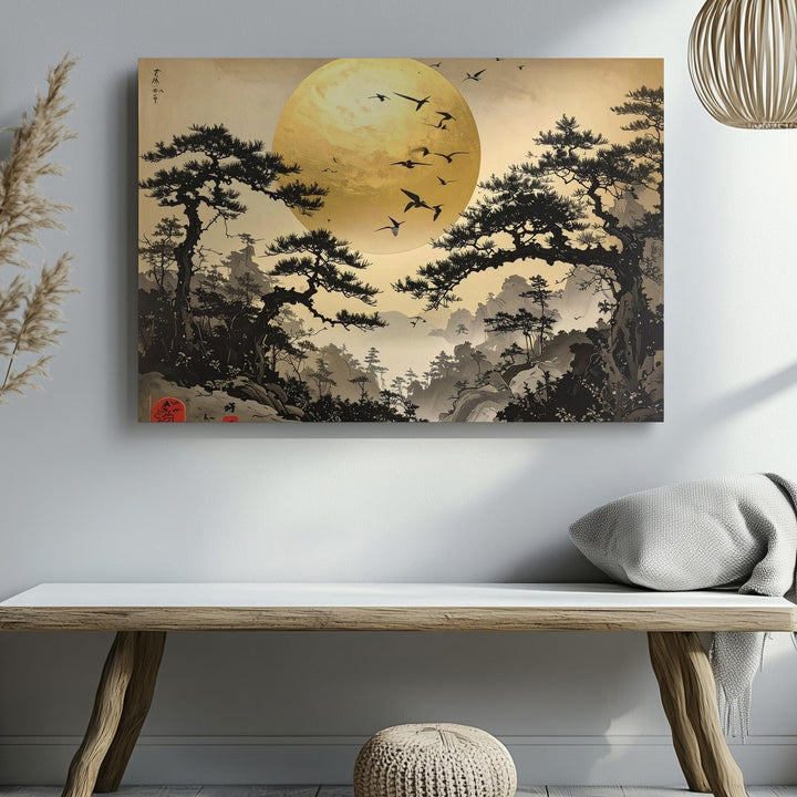 Golden Sun & Pines Canvas – Traditional East Asian Ink Landscape Art - Gifitto