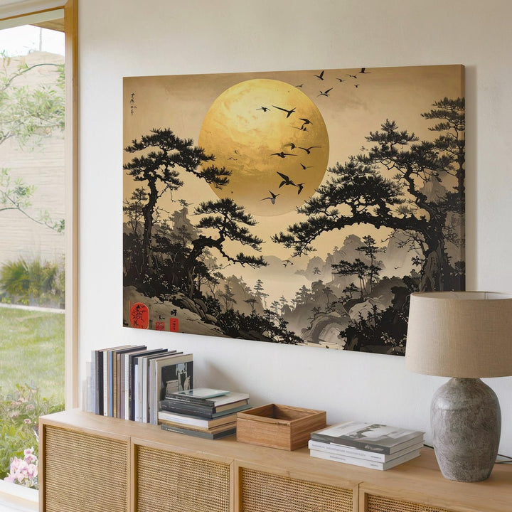 Golden Sun & Pines Canvas – Traditional East Asian Ink Landscape Art - Gifitto