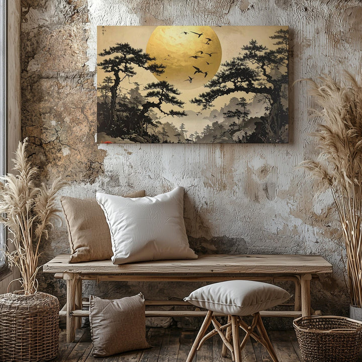 Golden Sun & Pines Canvas – Traditional East Asian Ink Landscape Art - Gifitto