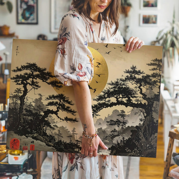Golden Sun & Pines Canvas – Traditional East Asian Ink Landscape Art - Gifitto