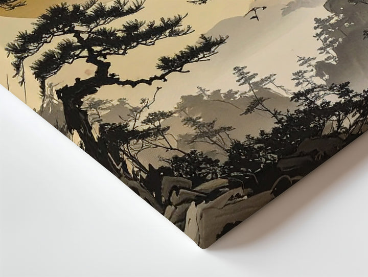 Golden Sun & Pines Canvas – Traditional East Asian Ink Landscape Art - Gifitto