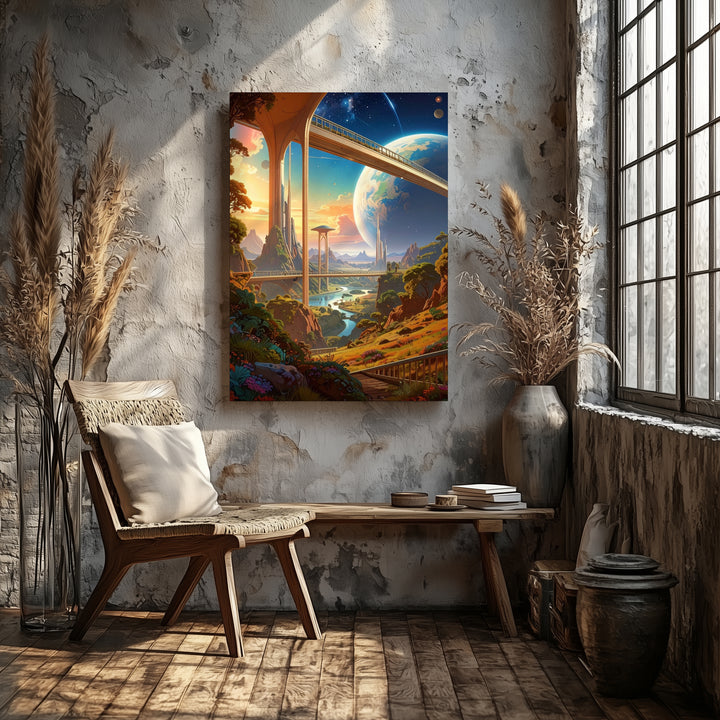 Futuristic Bridge to Utopia Canvas – Connecting Cities on an Alien Planet - Gifitto