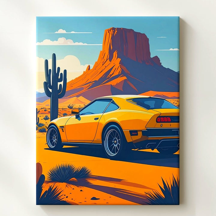 Yellow Mercedes-AMG GT Desert Adventure Canvas – Retro Car and Landscape Art - Gifitto