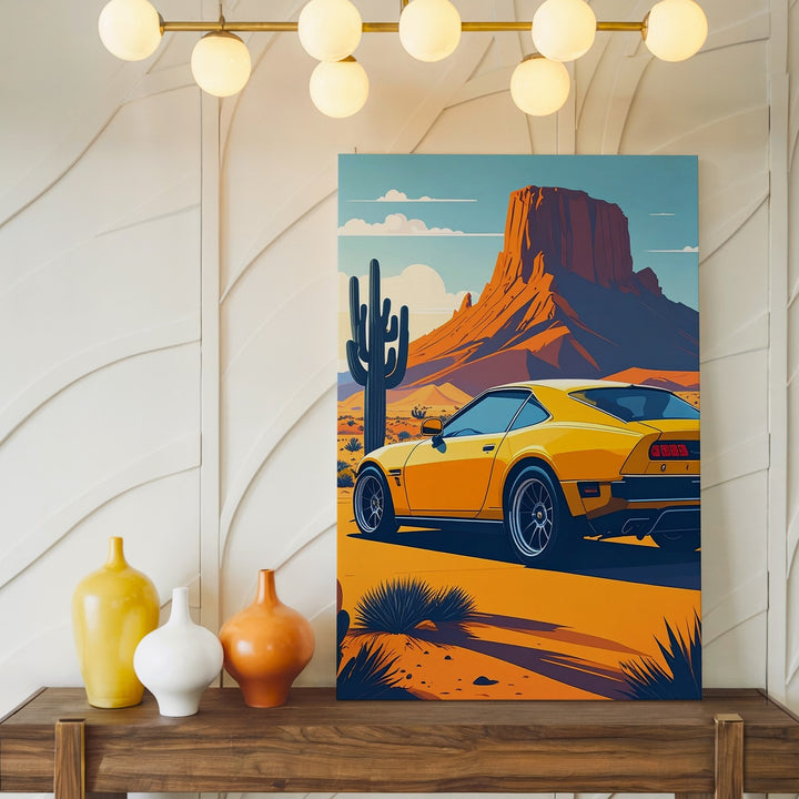 Yellow Mercedes-AMG GT Desert Adventure Canvas – Retro Car and Landscape Art - Gifitto