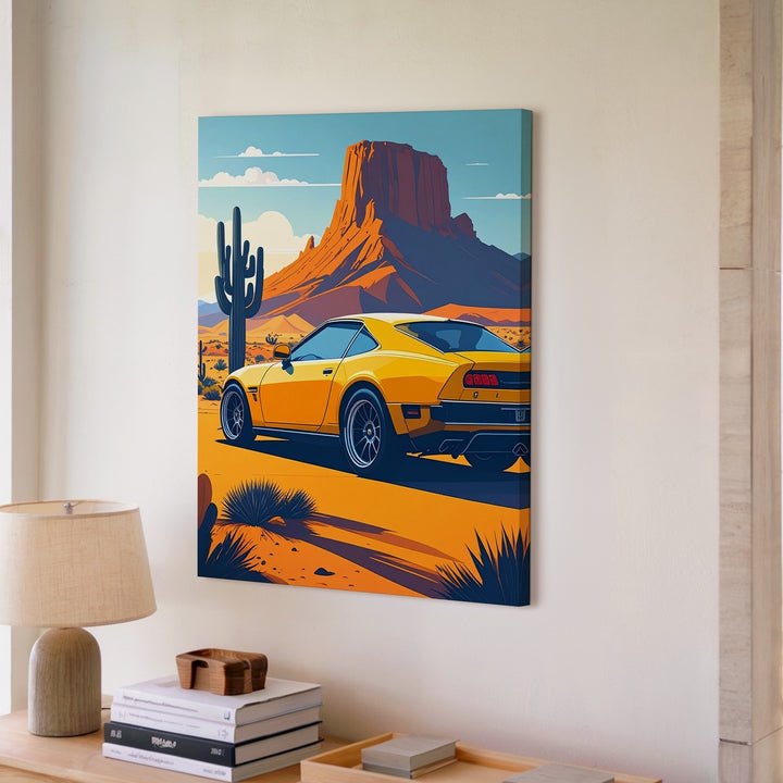 Yellow Mercedes-AMG GT Desert Adventure Canvas – Retro Car and Landscape Art - Gifitto