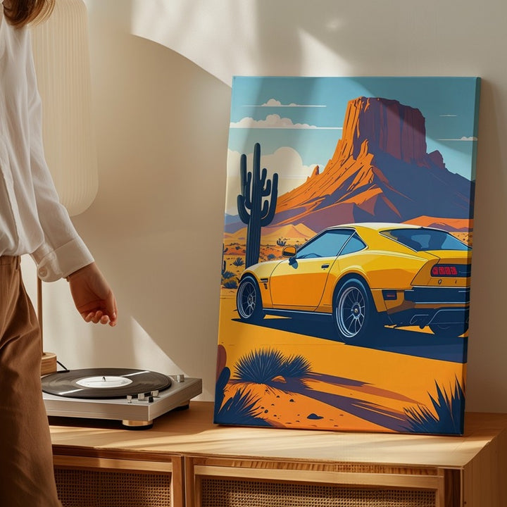 Yellow Mercedes-AMG GT Desert Adventure Canvas – Retro Car and Landscape Art - Gifitto