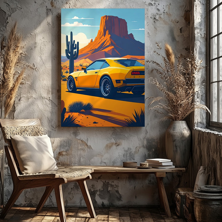 Yellow Mercedes-AMG GT Desert Adventure Canvas – Retro Car and Landscape Art - Gifitto