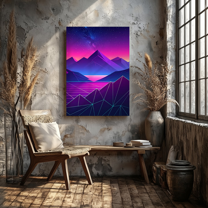 Neon Mountain Range Canvas – Retro-Futuristic Low-Poly Landscape Art - Gifitto