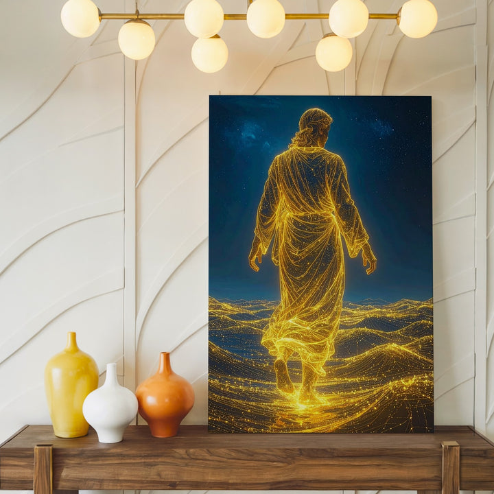 Transcendent Traveler Canvas – Ethereal Figure Walking on Digital Waves - Gifitto