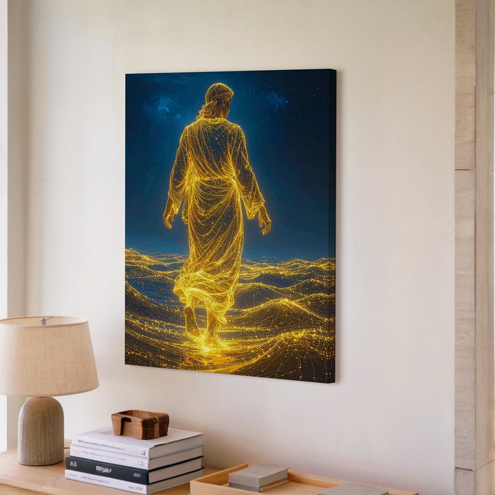 Transcendent Traveler Canvas – Ethereal Figure Walking on Digital Waves - Gifitto