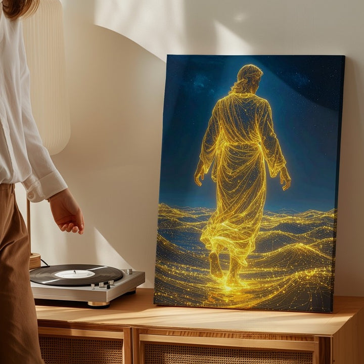 Transcendent Traveler Canvas – Ethereal Figure Walking on Digital Waves - Gifitto