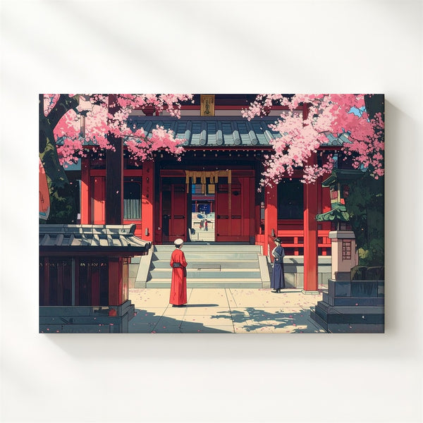 Temple in Bloom Canvas – Traditional Japanese Woodblock Sakura Scene - Gifitto