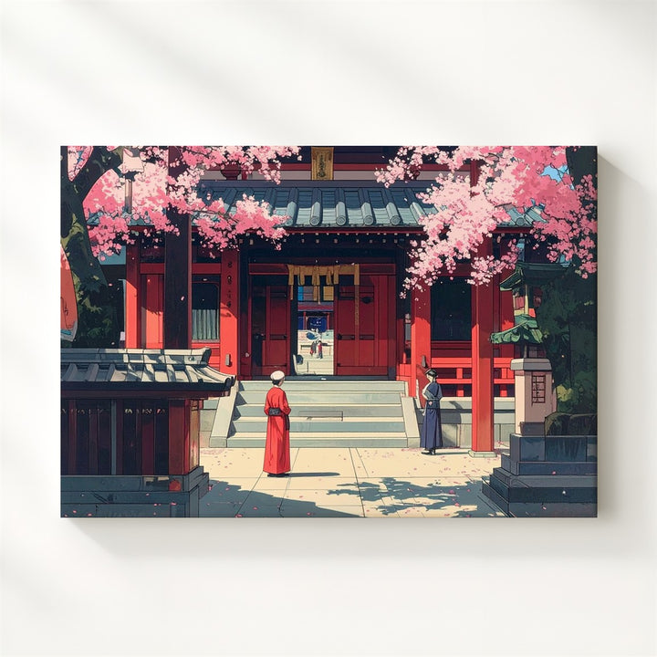 Temple in Bloom Canvas – Traditional Japanese Woodblock Sakura Scene - Gifitto