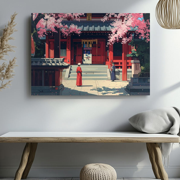 Temple in Bloom Canvas – Traditional Japanese Woodblock Sakura Scene - Gifitto