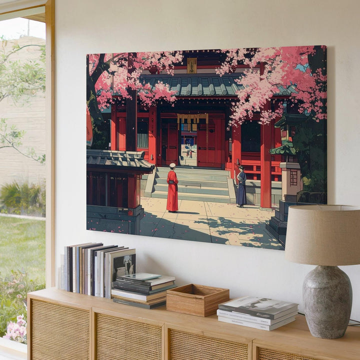 Temple in Bloom Canvas – Traditional Japanese Woodblock Sakura Scene - Gifitto