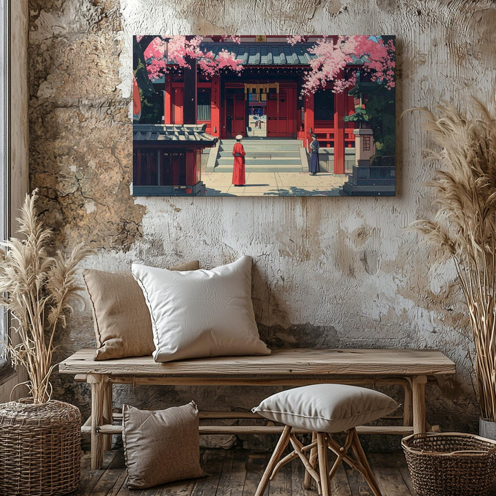 Temple in Bloom Canvas – Traditional Japanese Woodblock Sakura Scene - Gifitto