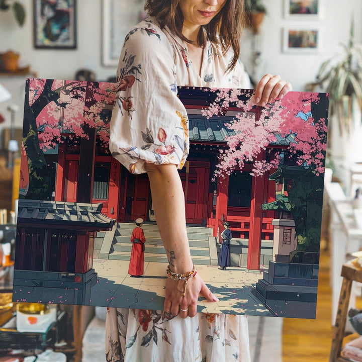 Temple in Bloom Canvas – Traditional Japanese Woodblock Sakura Scene - Gifitto