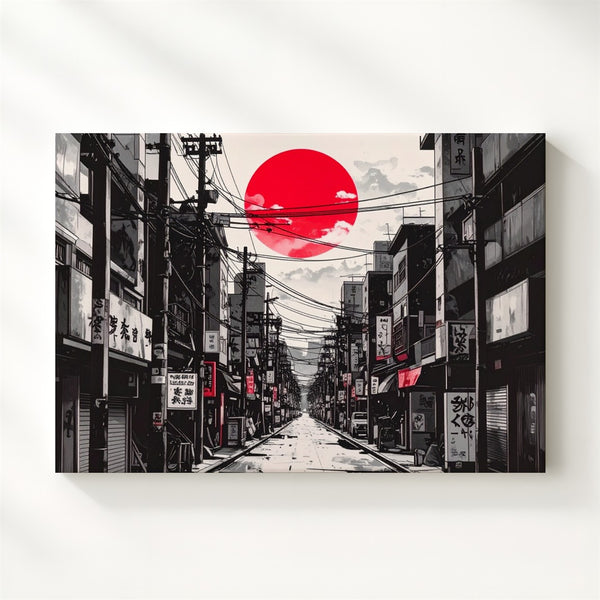 Red Sun Cityscape Canvas – Minimalist Japanese Street Art in Black & White - Gifitto