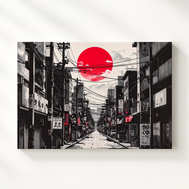 Red Sun Cityscape Canvas – Minimalist Japanese Street Art in Black & White - Gifitto