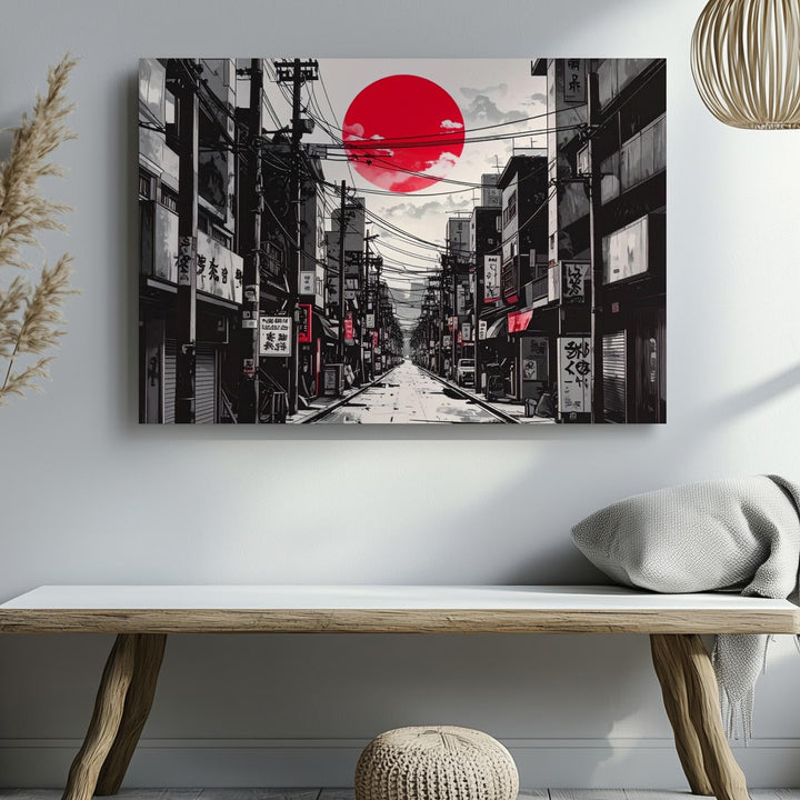 Red Sun Cityscape Canvas – Minimalist Japanese Street Art in Black & White - Gifitto