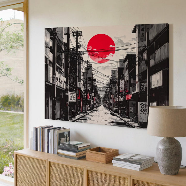 Red Sun Cityscape Canvas – Minimalist Japanese Street Art in Black & White - Gifitto