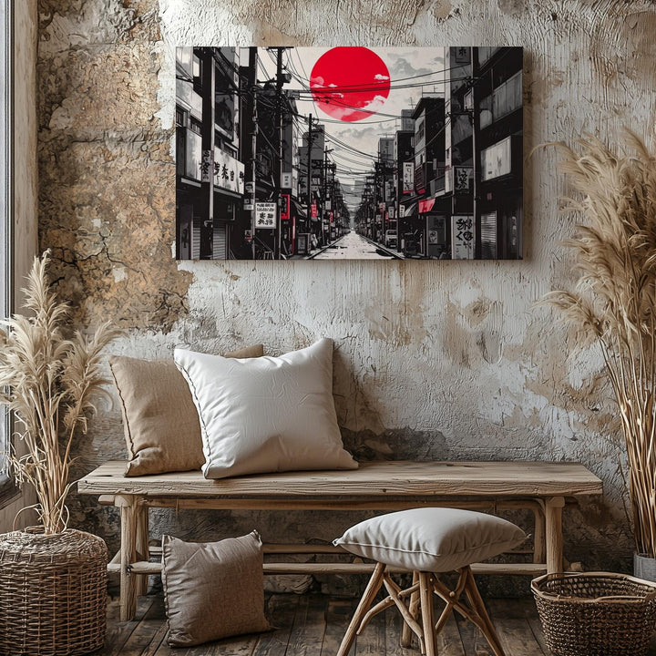 Red Sun Cityscape Canvas – Minimalist Japanese Street Art in Black & White - Gifitto