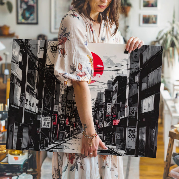 Red Sun Cityscape Canvas – Minimalist Japanese Street Art in Black & White - Gifitto