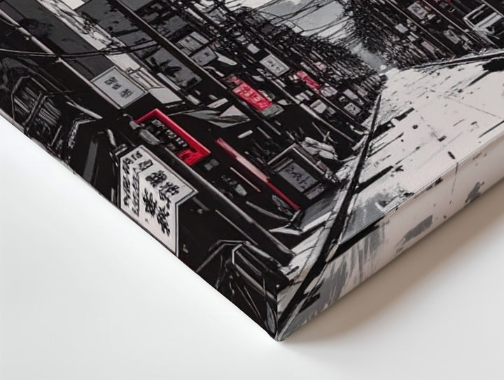 Red Sun Cityscape Canvas – Minimalist Japanese Street Art in Black & White - Gifitto