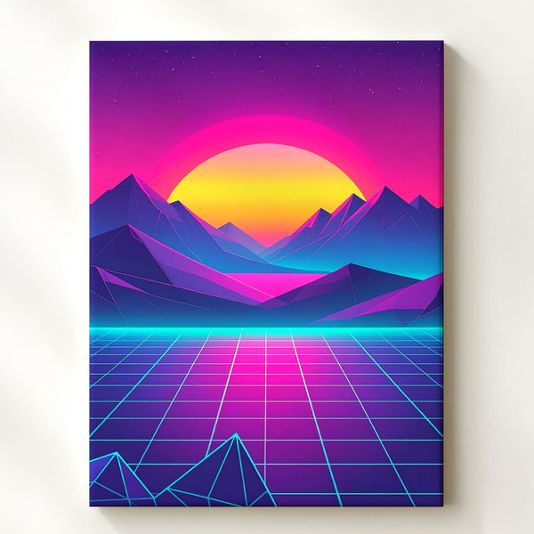 Retro-Futuristic Sunset Canvas – Neon Cyberpunk Landscape with Angular Mountains - Gifitto