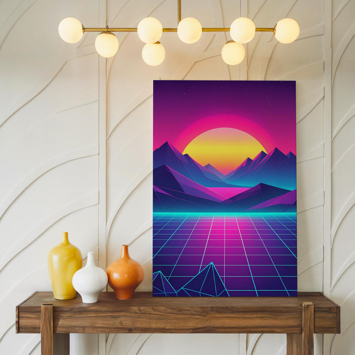 Retro-Futuristic Sunset Canvas – Neon Cyberpunk Landscape with Angular Mountains - Gifitto