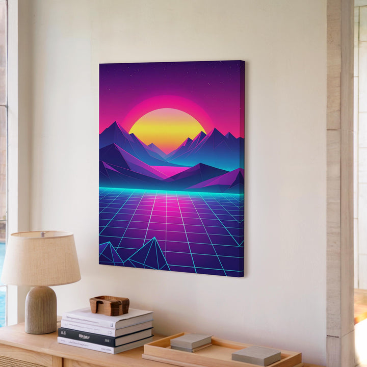 Retro-Futuristic Sunset Canvas – Neon Cyberpunk Landscape with Angular Mountains - Gifitto