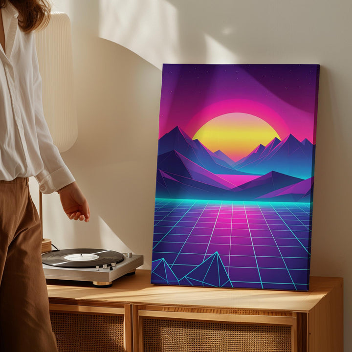 Retro-Futuristic Sunset Canvas – Neon Cyberpunk Landscape with Angular Mountains - Gifitto