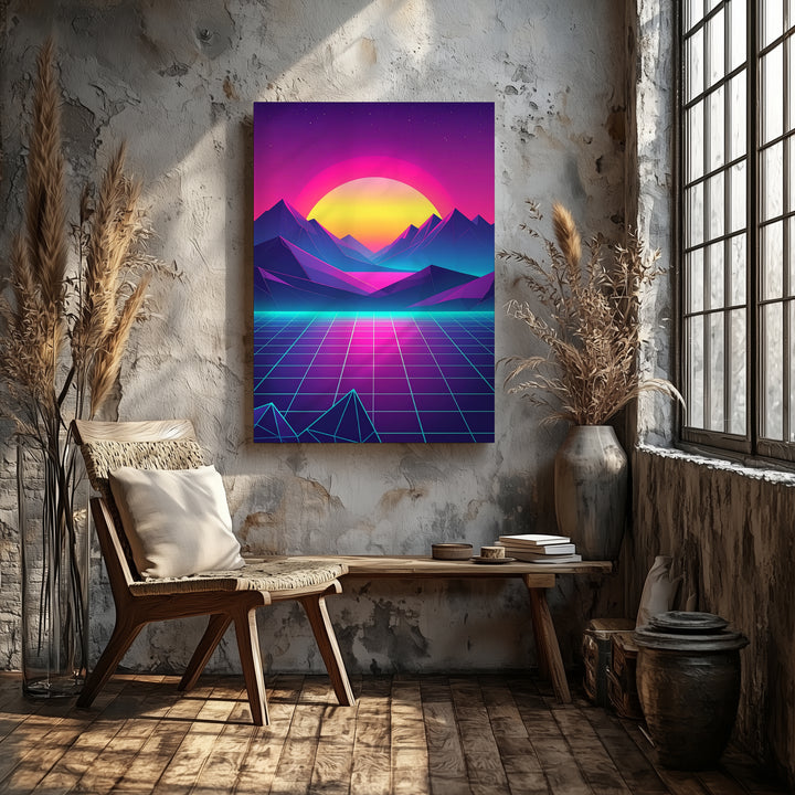 Retro-Futuristic Sunset Canvas – Neon Cyberpunk Landscape with Angular Mountains - Gifitto