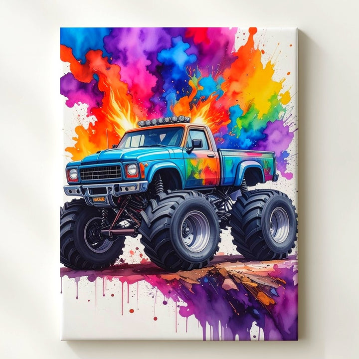 Monster Truck Jump Canvas – Colorful Cartoon Explosion Art - Gifitto