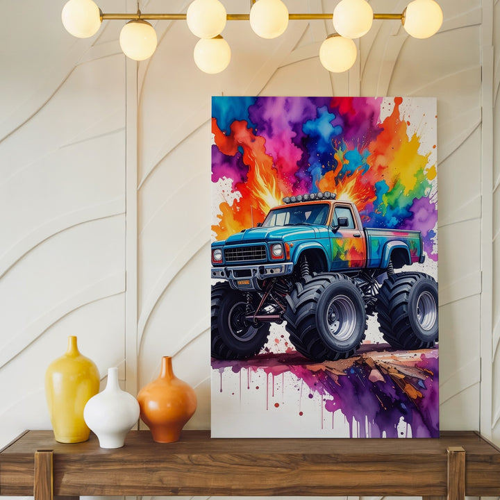 Monster Truck Jump Canvas – Colorful Cartoon Explosion Art - Gifitto