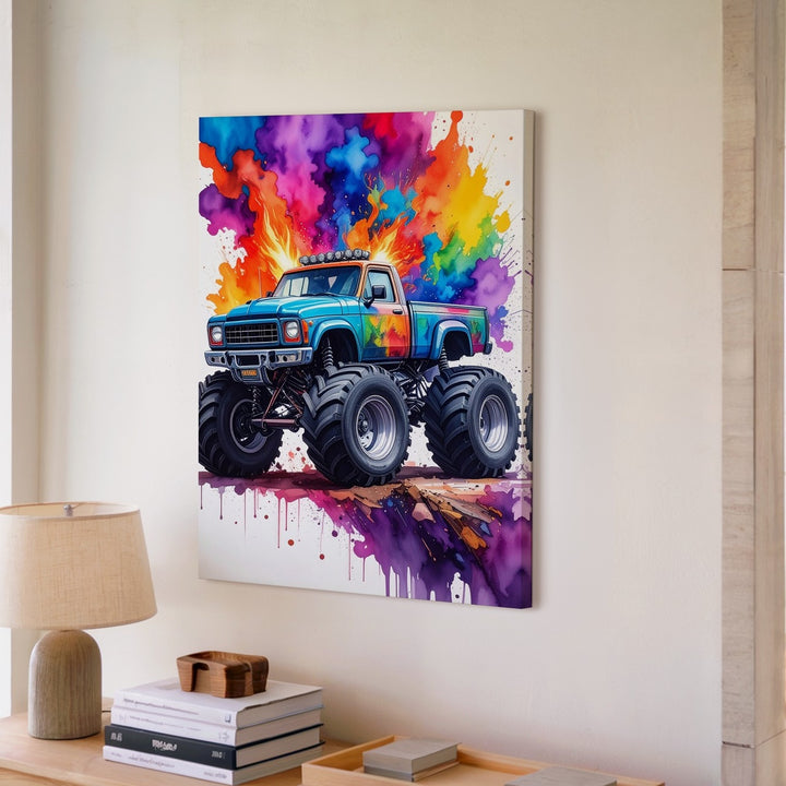 Monster Truck Jump Canvas – Colorful Cartoon Explosion Art - Gifitto