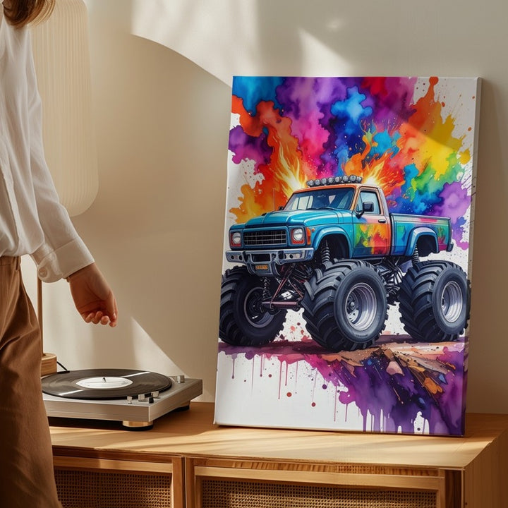 Monster Truck Jump Canvas – Colorful Cartoon Explosion Art - Gifitto