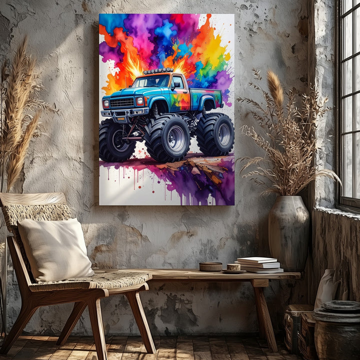 Monster Truck Jump Canvas – Colorful Cartoon Explosion Art - Gifitto