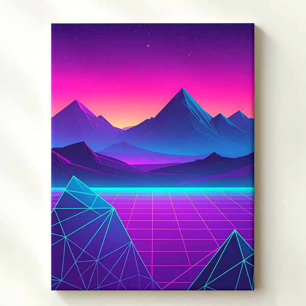 Neon Grid Landscape Canvas – Retro-Futuristic Sci-Fi Art with Jagged Mountains - Gifitto