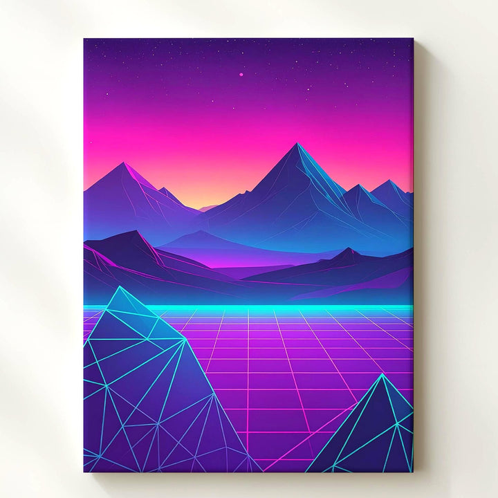 Neon Grid Landscape Canvas – Retro-Futuristic Sci-Fi Art with Jagged Mountains - Gifitto