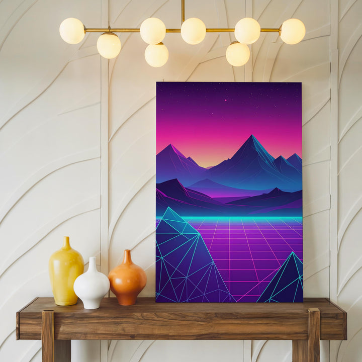Neon Grid Landscape Canvas – Retro-Futuristic Sci-Fi Art with Jagged Mountains - Gifitto