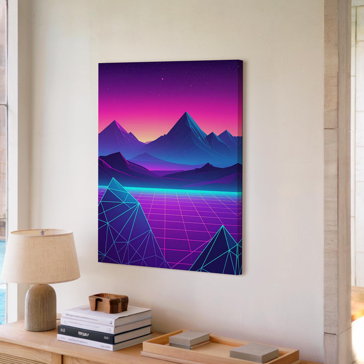 Neon Grid Landscape Canvas – Retro-Futuristic Sci-Fi Art with Jagged Mountains - Gifitto