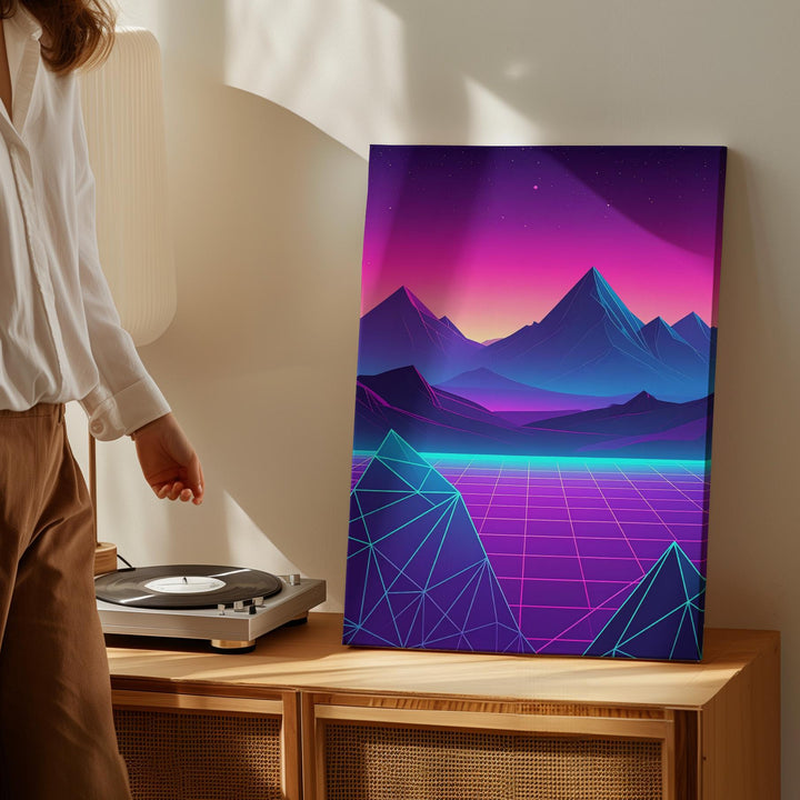 Neon Grid Landscape Canvas – Retro-Futuristic Sci-Fi Art with Jagged Mountains - Gifitto