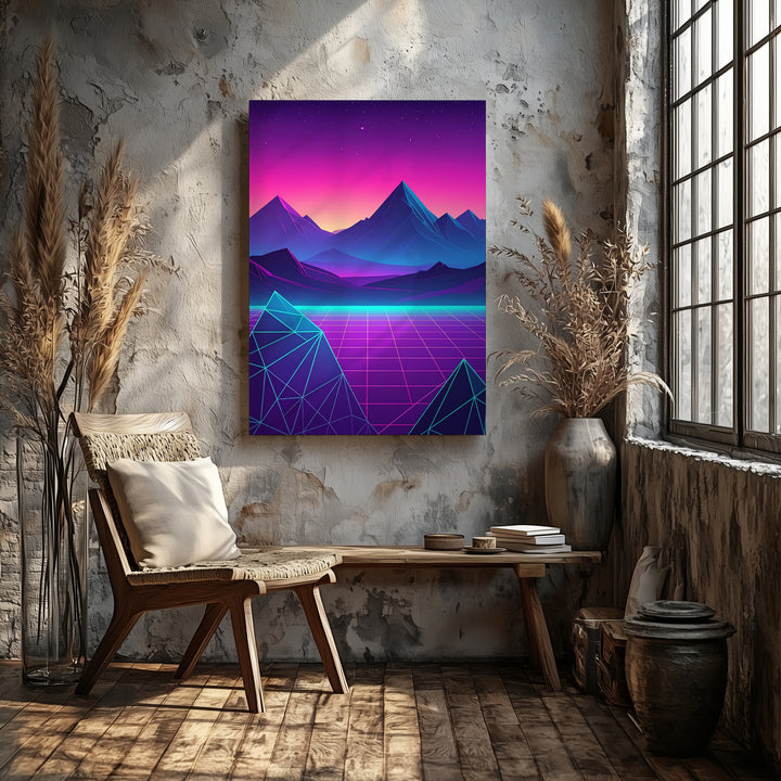 Neon Grid Landscape Canvas – Retro-Futuristic Sci-Fi Art with Jagged Mountains - Gifitto
